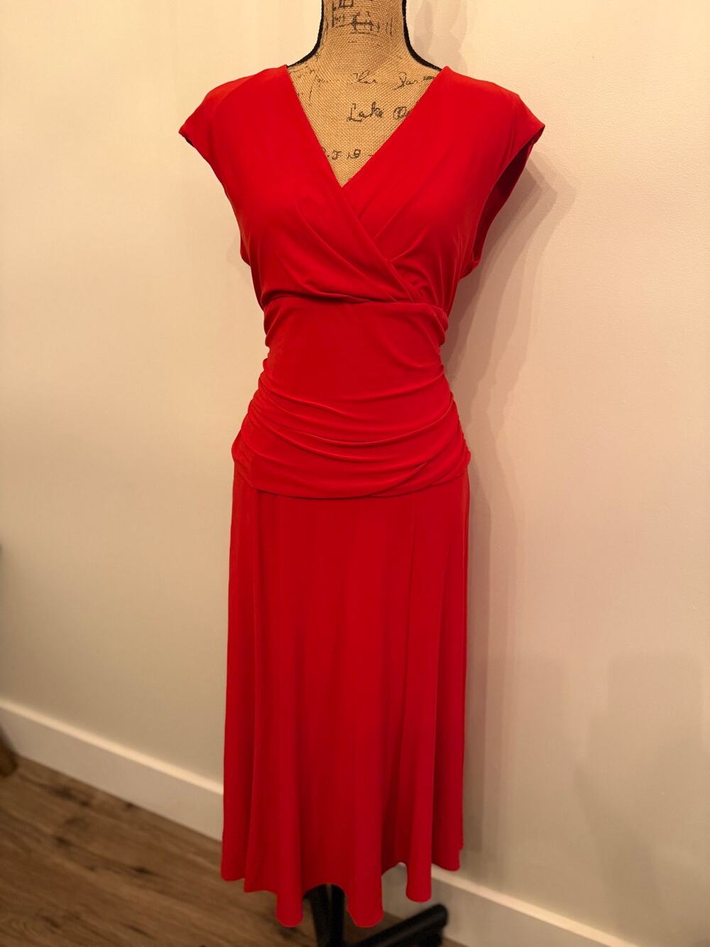 Chaps Ralph Lauren Red Sleeveless Faux Wrap Midi Dress Size Large